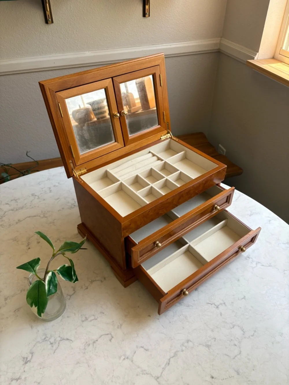 Vintage Wood Jewelry Box with Two Drawers - Brown